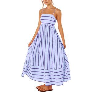 Women's Purple Striped Back Smocked Spaghetti Strap Cut Out Maxi Dress